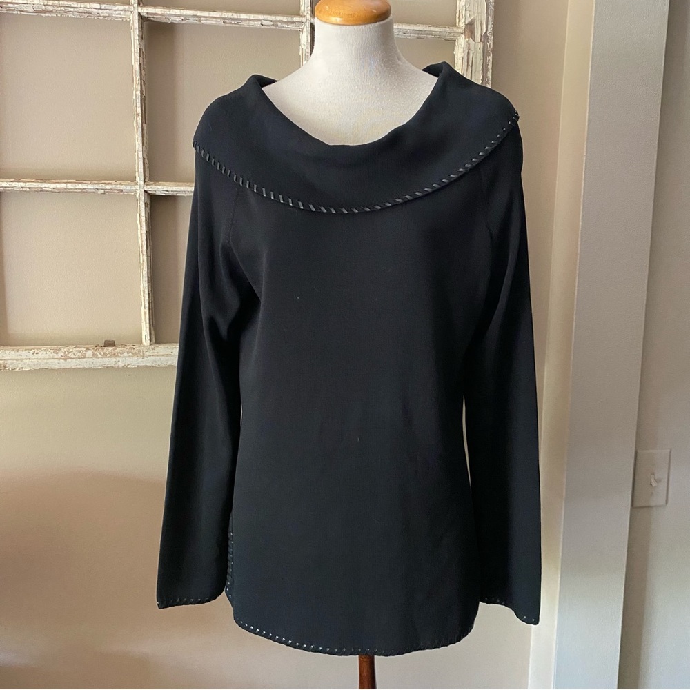 Beautiful black tunic style sweater with faux leather edging